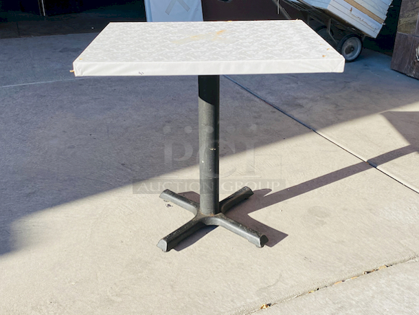 AWESOME!!! Wood Tables, 23-1/4x29-3/4.

The table and base are in perfect condition. The stapled-on vinyl cover is slightly damaged and can easily be replaced or covered with a table cloth.

23-3/4x29-3/4x30  - Image 2 of 5