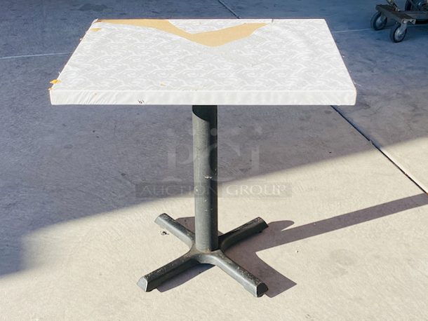 AWESOME!!! Wood Tables, 23-1/4x29-3/4.

The table and base are in perfect condition. The stapled-on vinyl cover is slightly damaged and can easily be replaced or covered with a table cloth.

23-3/4x29-3/4x30  - Image 2 of 7