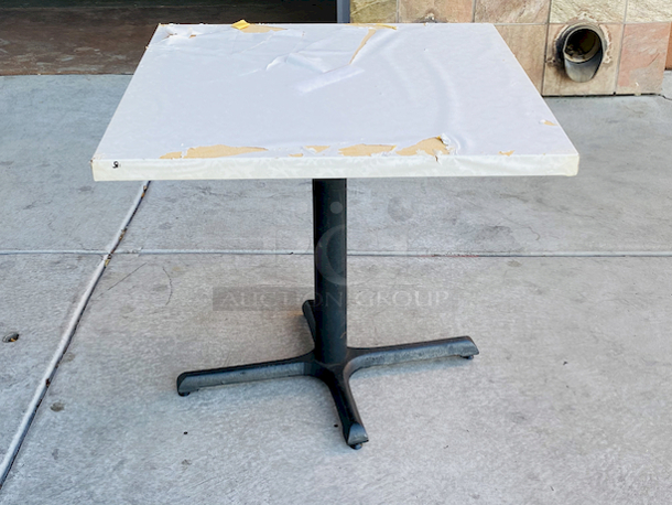 AWESOME!!! Wood Tables, 31-3/4x29-3/4.

The table and base are in perfect condition. The stapled-on vinyl cover is slightly damaged and can easily be replaced or covered with a table cloth.

23-3/4x29-3/4x30 