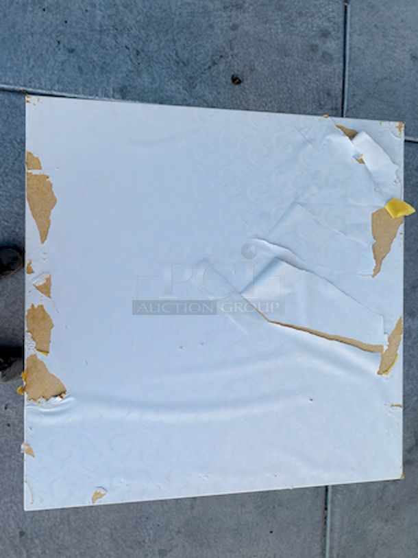 AWESOME!!! Wood Tables, 31-3/4x29-3/4.

The table and base are in perfect condition. The stapled-on vinyl cover is slightly damaged and can easily be replaced or covered with a table cloth.

23-3/4x29-3/4x30  - Image 4 of 4