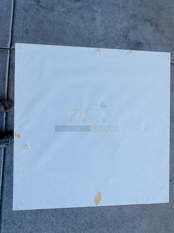 AWESOME!!! Wood Tables, 31-3/4x29-3/4.

The table and base are in perfect condition. The stapled-on vinyl cover is slightly damaged and can easily be replaced or covered with a table cloth.

23-3/4x29-3/4x30  - Image 4 of 4