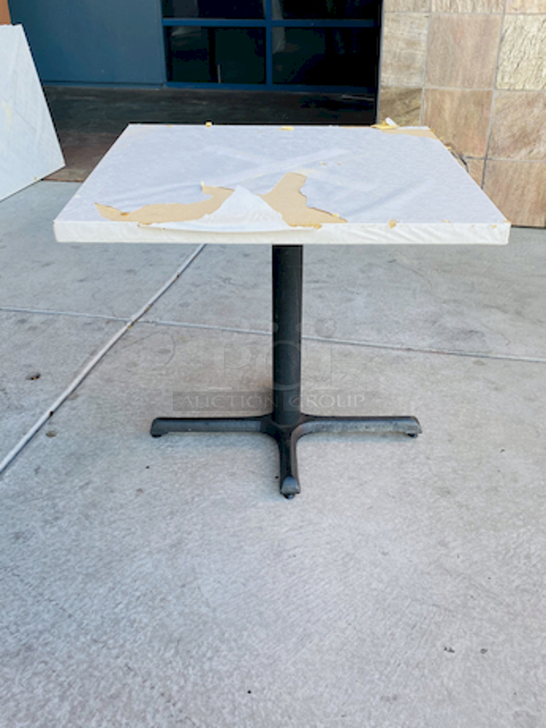 AWESOME!!! Wood Tables, 31-3/4x29-3/4.

The table and base are in perfect condition. The stapled-on vinyl cover is slightly damaged and can easily be replaced or covered with a table cloth.

23-3/4x29-3/4x30  - Image 1 of 5