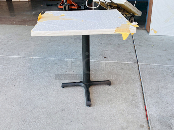 AWESOME!!! Wood Tables, 31-3/4x29-3/4.

The table and base are in perfect condition. The stapled-on vinyl cover is slightly damaged and can easily be replaced or covered with a table cloth.

23-3/4x29-3/4x30  - Image 2 of 5