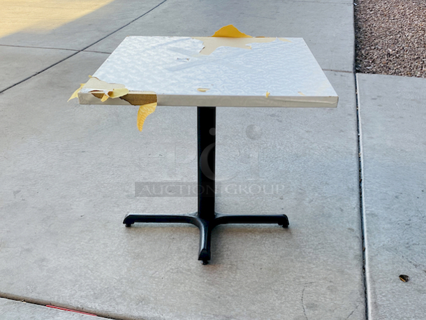 AWESOME!!! Wood Tables, 31-3/4x29-3/4.

The table and base are in perfect condition. The stapled-on vinyl cover is slightly damaged and can easily be replaced or covered with a table cloth.

23-3/4x29-3/4x30  - Image 3 of 5