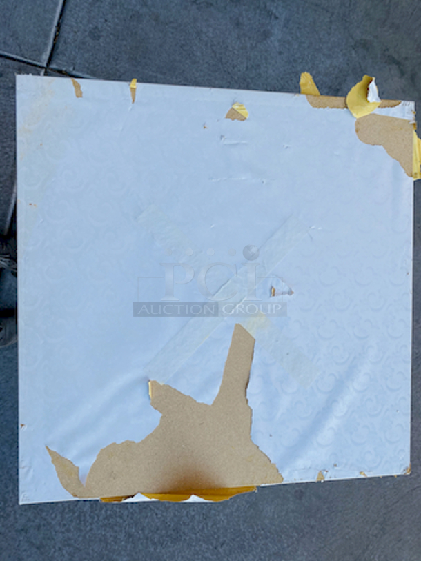 AWESOME!!! Wood Tables, 31-3/4x29-3/4.

The table and base are in perfect condition. The stapled-on vinyl cover is slightly damaged and can easily be replaced or covered with a table cloth.

23-3/4x29-3/4x30  - Image 5 of 5