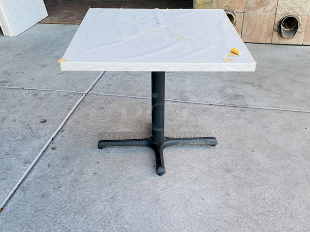 AWESOME!!! Wood Tables, 31-3/4x29-3/4.

The table and base are in perfect condition. The stapled-on vinyl cover is slightly damaged and can easily be replaced or covered with a table cloth.

23-3/4x29-3/4x30 