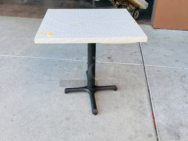 AWESOME!!! Wood Tables, 31-3/4x29-3/4.

The table and base are in perfect condition. The stapled-on vinyl cover is slightly damaged and can easily be replaced or covered with a table cloth.

23-3/4x29-3/4x30  - Image 2 of 4