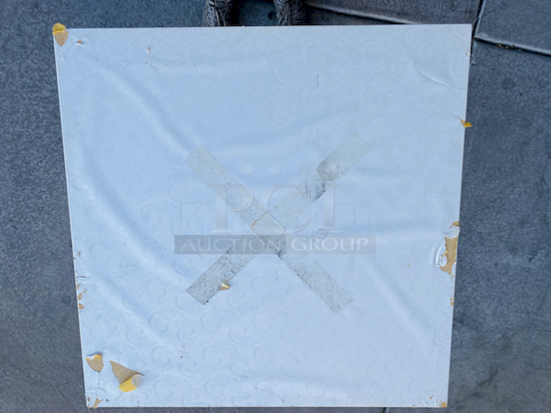 AWESOME!!! Wood Tables, 31-3/4x29-3/4.

The table and base are in perfect condition. The stapled-on vinyl cover is slightly damaged and can easily be replaced or covered with a table cloth.

23-3/4x29-3/4x30  - Image 4 of 4