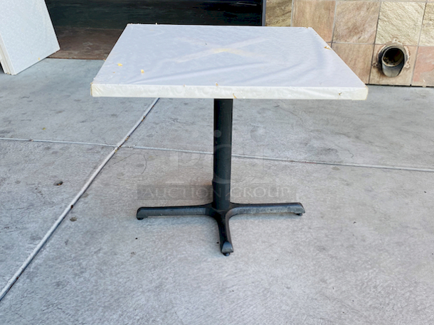 AWESOME!!! Wood Tables, 31-3/4x29-3/4.

The table and base are in perfect condition. The stapled-on vinyl cover is slightly damaged and can easily be replaced or covered with a table cloth.

23-3/4x29-3/4x30 