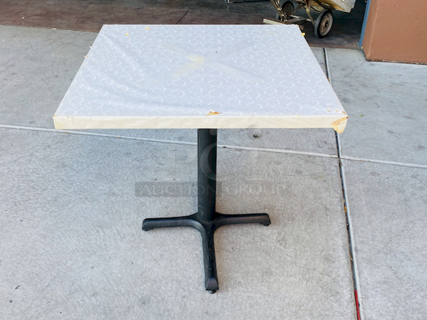 AWESOME!!! Wood Tables, 31-3/4x29-3/4.

The table and base are in perfect condition. The stapled-on vinyl cover is slightly damaged and can easily be replaced or covered with a table cloth.

23-3/4x29-3/4x30  - Image 2 of 5