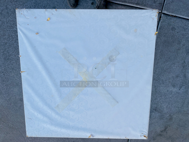 AWESOME!!! Wood Tables, 31-3/4x29-3/4.

The table and base are in perfect condition. The stapled-on vinyl cover is slightly damaged and can easily be replaced or covered with a table cloth.

23-3/4x29-3/4x30  - Image 5 of 5