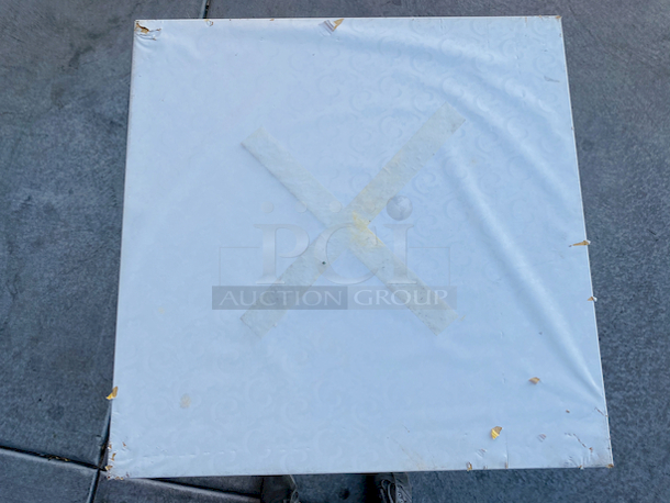 AWESOME!!! Wood Tables, 31-3/4x29-3/4.

The table and base are in perfect condition. The stapled-on vinyl cover is slightly damaged and can easily be replaced or covered with a table cloth.

23-3/4x29-3/4x30  - Image 5 of 5