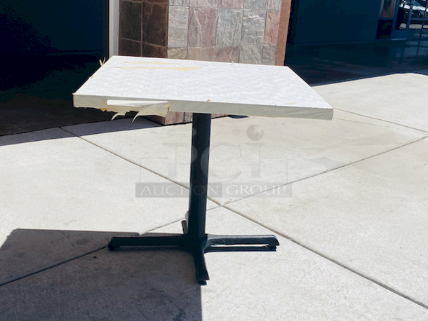 AWESOME!!! Wood Tables, 31-3/4x29-3/4.

The table and base are in perfect condition. The stapled-on vinyl cover is slightly damaged and can easily be replaced or covered with a table cloth.

23-3/4x29-3/4x30  - Image 1 of 4