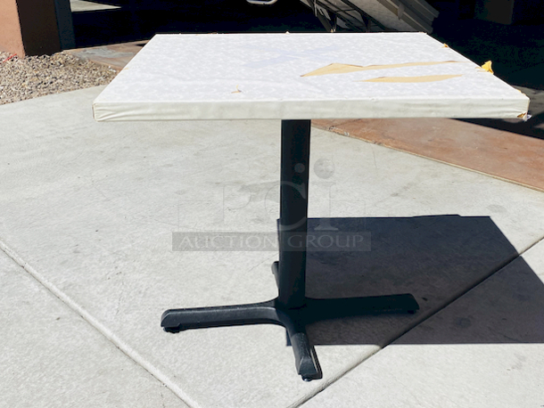 AWESOME!!! Wood Tables, 31-3/4x29-3/4.

The table and base are in perfect condition. The stapled-on vinyl cover is slightly damaged and can easily be replaced or covered with a table cloth.

23-3/4x29-3/4x30  - Image 3 of 4