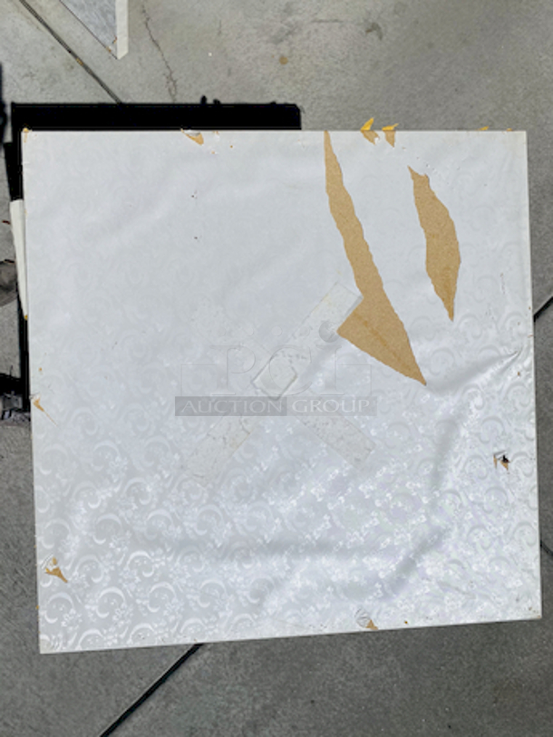 AWESOME!!! Wood Tables, 31-3/4x29-3/4.

The table and base are in perfect condition. The stapled-on vinyl cover is slightly damaged and can easily be replaced or covered with a table cloth.

23-3/4x29-3/4x30  - Image 4 of 4