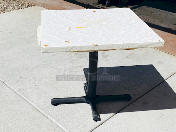 AWESOME!!! Wood Tables, 31-3/4x29-3/4.

The table and base are in perfect condition. The stapled-on vinyl cover is slightly damaged and can easily be replaced or covered with a table cloth.

23-3/4x29-3/4x30 