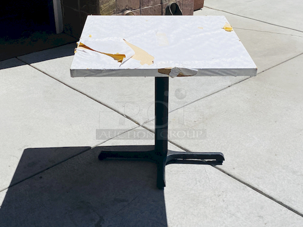 AWESOME!!! Wood Tables, 31-3/4x29-3/4.

The table and base are in perfect condition. The stapled-on vinyl cover is slightly damaged and can easily be replaced or covered with a table cloth.

23-3/4x29-3/4x30  - Image 1 of 5