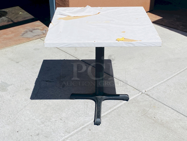 AWESOME!!! Wood Tables, 31-3/4x29-3/4.

The table and base are in perfect condition. The stapled-on vinyl cover is slightly damaged and can easily be replaced or covered with a table cloth.

23-3/4x29-3/4x30  - Image 2 of 5