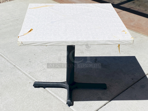 AWESOME!!! Wood Tables, 31-3/4x29-3/4.

The table and base are in perfect condition. The stapled-on vinyl cover is slightly damaged and can easily be replaced or covered with a table cloth.

23-3/4x29-3/4x30  - Image 3 of 5