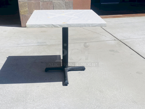 AWESOME!!! Wood Tables, 31-3/4x29-3/4.

The table and base are in perfect condition. The stapled-on vinyl cover is slightly damaged and can easily be replaced or covered with a table cloth.

23-3/4x29-3/4x30 