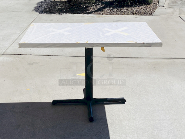 AWESOME!!! Wood Tables, 31x48.

The table and base are in perfect condition. The stapled-on vinyl cover is slightly damaged and can easily be replaced or covered with a table cloth.

23-3/4x29-3/4x30 