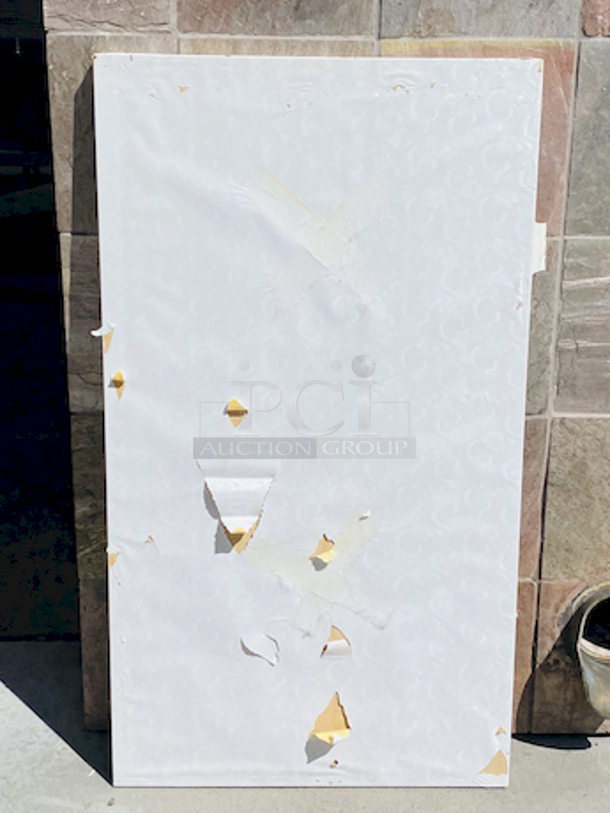 AWESOME!!! Wood Tables, 26-3/4x47-3/4.

The table and base are in perfect condition. The stapled-on vinyl cover is slightly damaged and can easily be replaced or covered with a table cloth.

23-3/4x29-3/4x30  - Image 5 of 5
