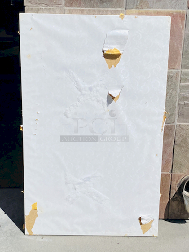 AWESOME!!! Wood Tables, 31x48.

The table and base are in perfect condition. The stapled-on vinyl cover is slightly damaged and can easily be replaced or covered with a table cloth.

31x48x30 - Image 5 of 5