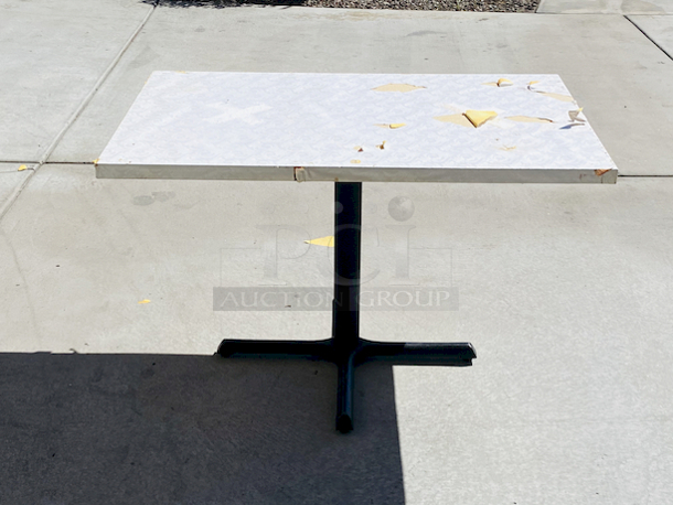 AWESOME!!! Wood Tables, 31x48.

The table and base are in perfect condition. The stapled-on vinyl cover is slightly damaged and can easily be replaced or covered with a table cloth.

31x48x30