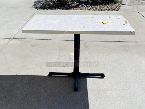 AWESOME!!! Wood Tables, 31x48.

The table and base are in perfect condition. The stapled-on vinyl cover is slightly damaged and can easily be replaced or covered with a table cloth.

31x48x30