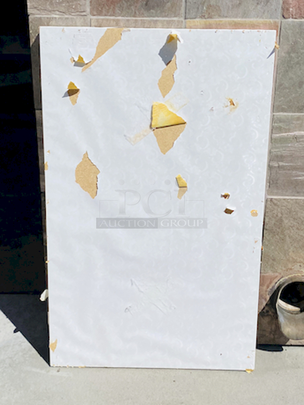 AWESOME!!! Wood Tables, 31x48.

The table and base are in perfect condition. The stapled-on vinyl cover is slightly damaged and can easily be replaced or covered with a table cloth.

31x48x30 - Image 5 of 5