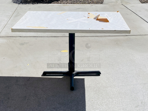 AWESOME!!! Wood Tables, 31x48.

The table and base are in perfect condition. The stapled-on vinyl cover is slightly damaged and can easily be replaced or covered with a table cloth.

31x48x30