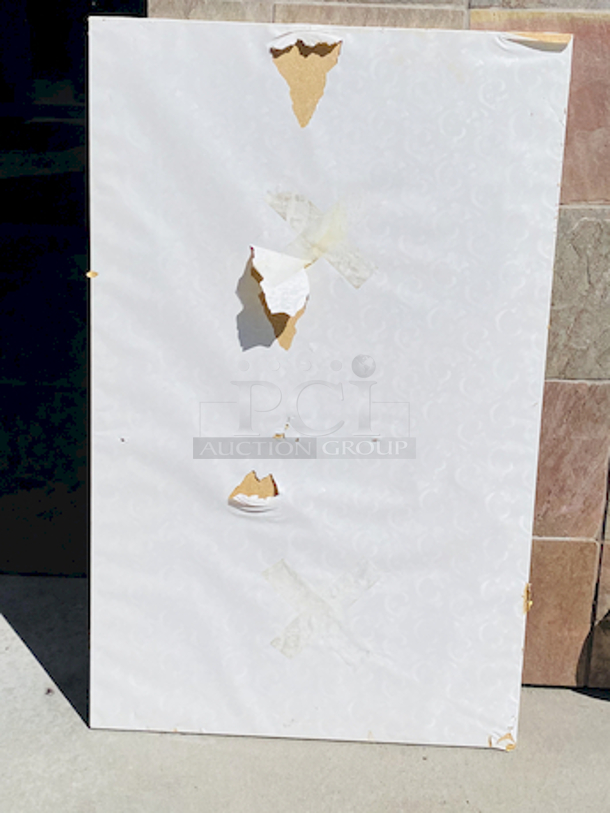 AWESOME!!! Wood Tables, 31x48.

The table and base are in perfect condition. The stapled-on vinyl cover is slightly damaged and can easily be replaced or covered with a table cloth.

31x48x30 - Image 5 of 5