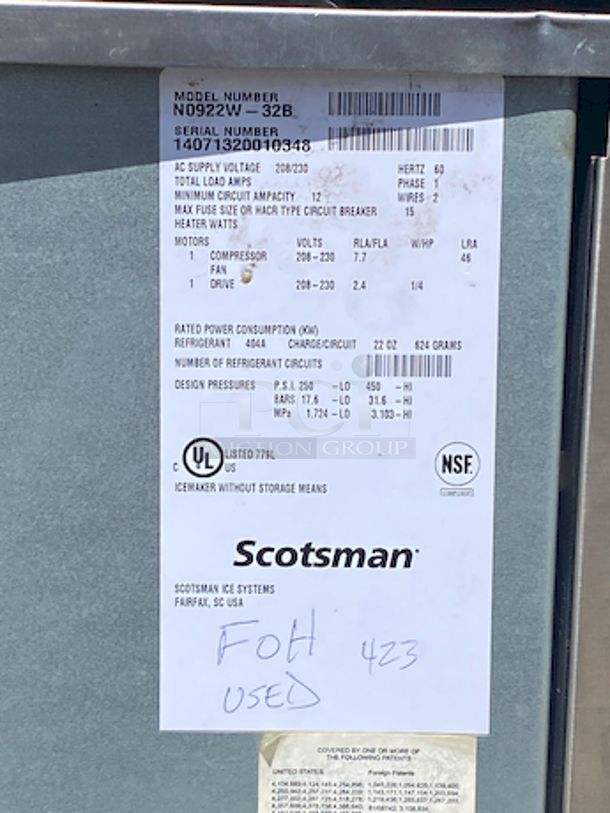 NUGGETS STYLE ICE! Scotsman N0922W-32B 1094 Lb Nugget Ice Machine - Water Cooled, Prodigy Series Ice Maker.

removed From Raising Cane's

Nugget style ice
Water-cooled, self-contained condenser
Up to 1094 lb production/24 hours
Stainless steel finish
208-230 volts, 60 Hz, 1-phase, 17.9 amps
UL, NSF, CE

22.9” x 24” x 27” - Image 4 of 10