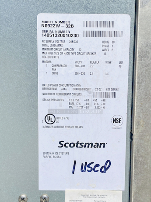 NUGGETS STYLE ICE! Scotsman N0922W-32B 1094 Lb Nugget Ice Machine - Water Cooled, Prodigy Series Ice Maker. removed From Raising Cane's Nugget style ice Water-cooled, self-contained condenser Up to 1094 lb production/24 hours Stainless steel finish 208-230 volts, 60 Hz, 1-phase, 17.9 amps UL, NSF, CE 22.9” x 24” x 27”	 - Image 5 of 10