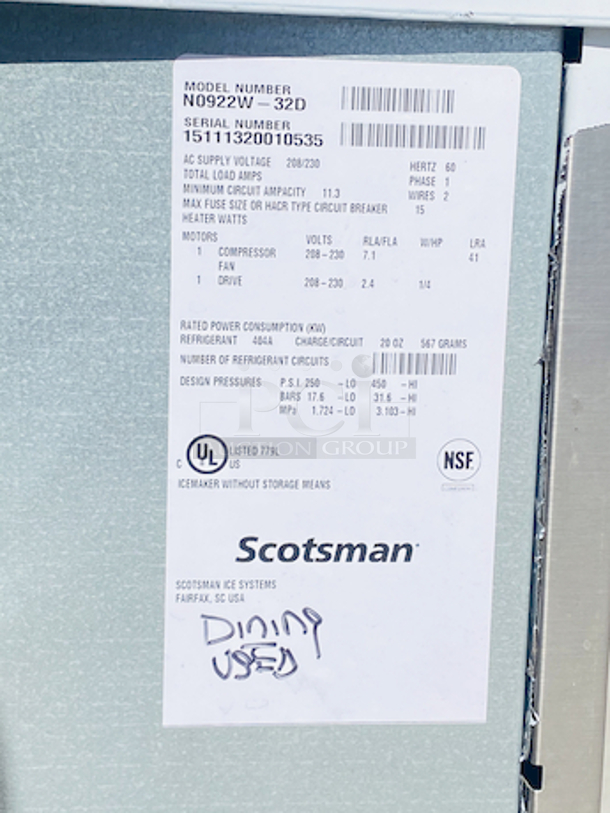 NUGGETS STYLE ICE! Scotsman N0922W-32B 1094 Lb Nugget Ice Machine - Water Cooled, Prodigy Series Ice Maker. removed From Raising Cane's Nugget style ice Water-cooled, self-contained condenser Up to 1094 lb production/24 hours Stainless steel finish 208-230 volts, 60 Hz, 1-phase, 17.9 amps UL, NSF, CE 22.9” x 24” x 27”	 - Image 4 of 8