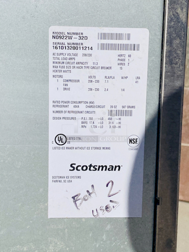 NUGGETS STYLE ICE! Scotsman N0922W-32A 1094 Lb Nugget Ice Machine - Water Cooled, Prodigy Series Ice Maker. removed From Raising Cane's Nugget style ice Water-cooled, self-contained condenser Up to 1094 lb production/24 hours Stainless steel finish 208-230 volts, 60 Hz, 1-phase, 17.9 amps UL, NSF, CE 22.9” x 24” x 27”

Missing Face cover.	 - Image 5 of 10