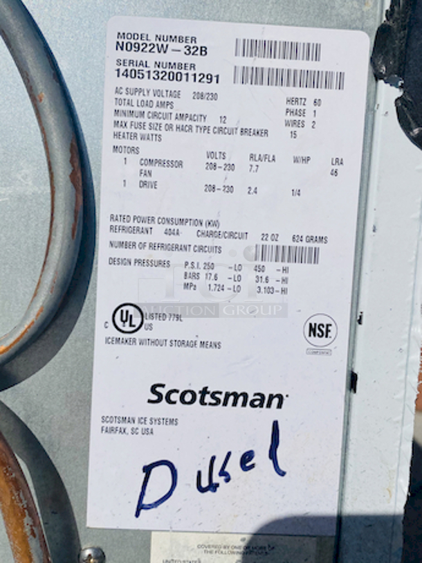NUGGETS STYLE ICE! Scotsman N0922W-32A 1094 Lb Nugget Ice Machine - Water Cooled, Prodigy Series Ice Maker. removed From Raising Cane's Nugget style ice Water-cooled, self-contained condenser Up to 1094 lb production/24 hours Stainless steel finish 208-230 volts, 60 Hz, 1-phase, 17.9 amps UL, NSF, CE 22.9” x 24” x 27”

Missing Face cover.	 - Image 6 of 11