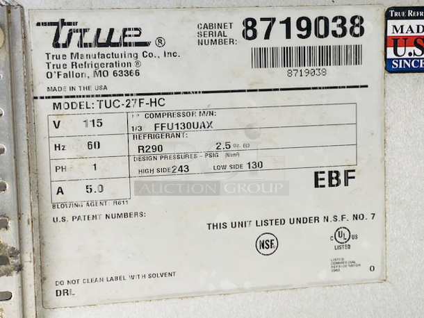 PARTS! True TUC-27F-HC 27 5/8" W Undercounter Freezer w/ (1) Section & (1) Left Hinge Door, 115v  
Self-contained, capillary tube system uses environmentally friendly R290 hydrocarbon refrigerant
Dimensions & Utilities

279⁄16 in. W x 311⁄16 in. D x 3515⁄16 in. H
2.3 A, 1⁄4 HP
115 V/60 Hz/1 ph, 7-ft. cord with a NEMA 5-15P plug
 - Image 9 of 9