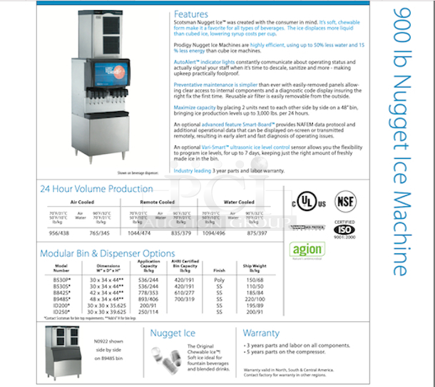 NUGGETS STYLE ICE! Scotsman N0922W-32B 1094 Lb Nugget Ice Machine - Water Cooled, Prodigy Series Ice Maker. removed From Raising Cane's Nugget style ice Water-cooled, self-contained condenser Up to 1094 lb production/24 hours Stainless steel finish 208-230 volts, 60 Hz, 1-phase, 17.9 amps UL, NSF, CE 22.9” x 24” x 27”	 - Image 9 of 10