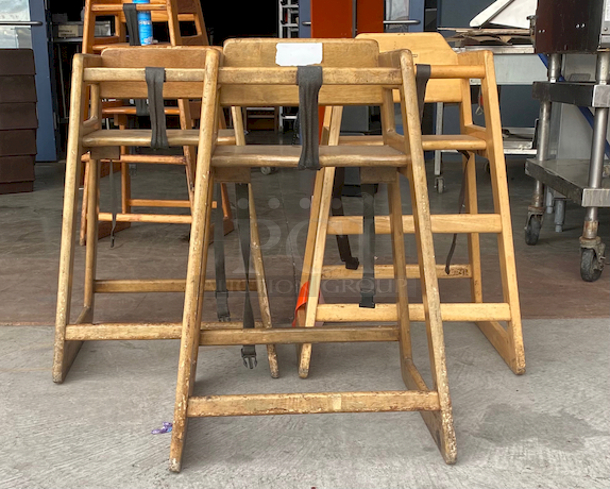 SWEET! SET OF 3 Wood Stacking Restaurant High Chairs with Dark Finish.

Overall Dimensions:
Length: 20"
Width: 18 1/2"
Height: 27 1/2" - Image 1 of 9