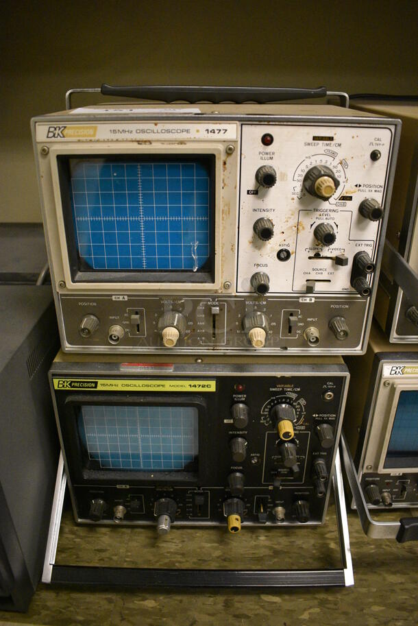 2 BK Precision Metal 15MHz Oscilloscopes; Model 1477 and 1472C. 110-120/220-240 Volts. 11x16x8. 2 Times Your Bid! (Midtown 2: Room 105)