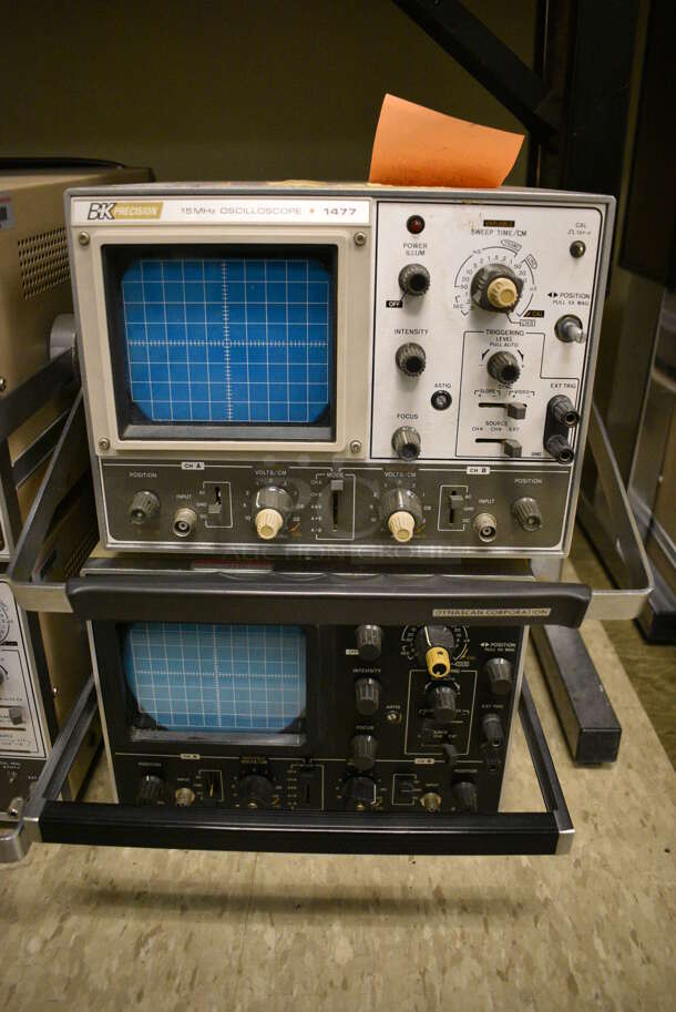 2 BK Precision Metal Unitsl Model 1477 15MHz Oscilloscopes and Model 1472C 15MHz Oscilloscope. 110-120/220-240 Volts. 11x16x8. 2 Times Your Bid! (Midtown 2: Room 105)