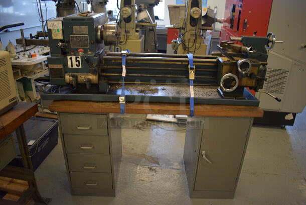 Enco 1102033 Metal Commercial Countertop Lathe on Metal Desk w/ Butcher Block Desktop. 64x27x24. Desk: 60x30x34 (Midtown 1: Room 122) - Image 1 of 12