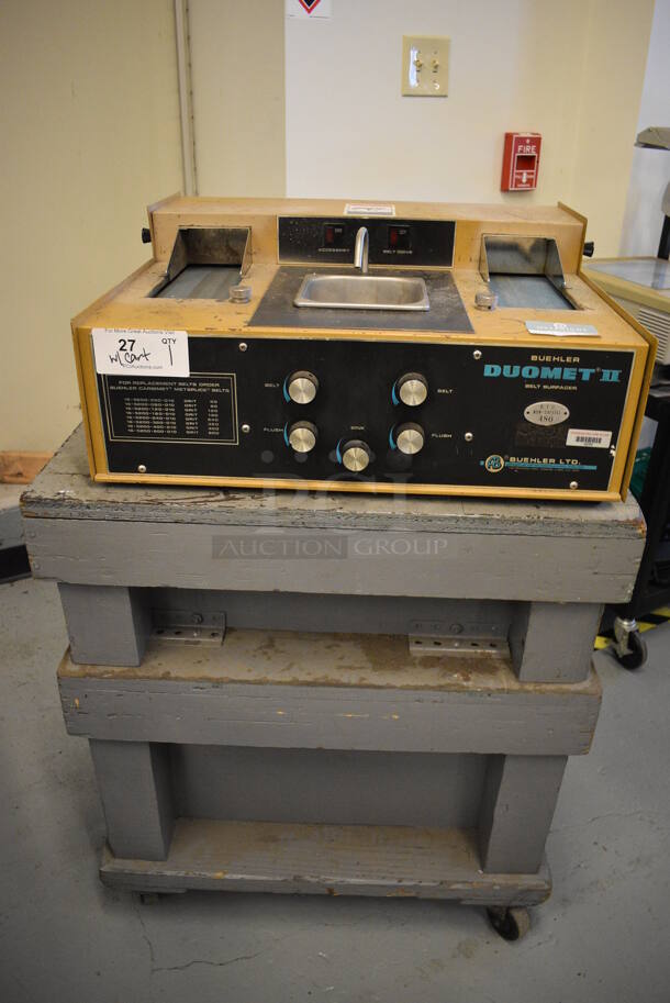 Buehler Duomet II Metal Commercial Countertop Belt Surfacer on Wooden Cart on Commercial Casters. 115 Volts, 1 Phase. 24x24x10.5. Cart 28x24x32 (Midtown 1: Room 122) - Image 1 of 9