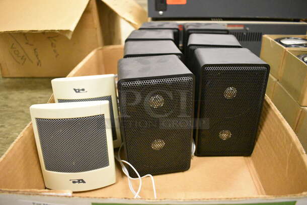 ALL ONE MONEY! Lot of 2 PA Speakers and 7 Black Speakers! 4x3x4.5, 3.5x3.5x5.5. (Midtown 2: Room 105)