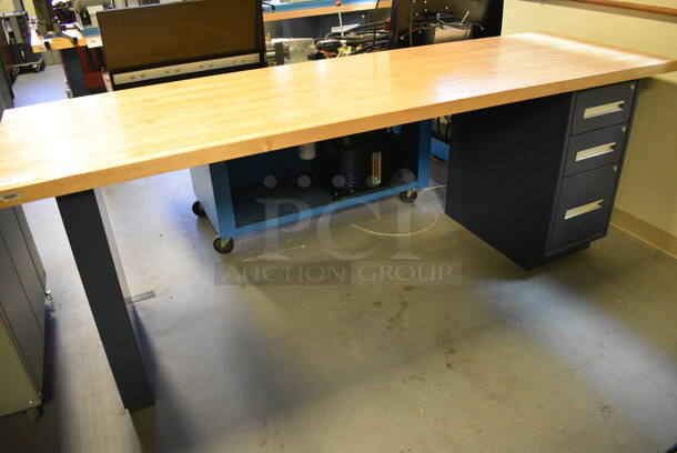 Table w/ Butcher Block Tabletop and Metal Right Side 3 Drawer Filing Cabinet. 96x30x36. (Midtown 2: Room 130)
