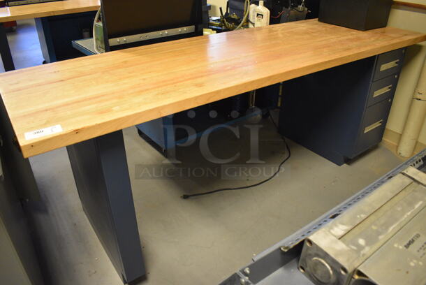 Table w/ Butcher Block Tabletop and Metal Right Side 3 Drawer Filing Cabinet. 96x30x36. (Midtown 2: Room 130)