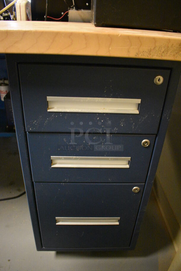 Table w/ Butcher Block Tabletop and Metal Right Side 3 Drawer Filing Cabinet. 96x30x36. (Midtown 2: Room 130) - Image 4 of 8