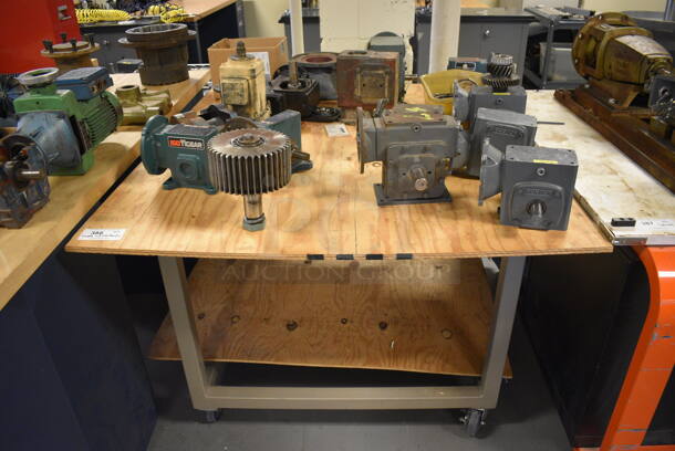 ALL ONE MONEY! Lot of Various Metal Parts on Metal Cart w/ Wood Pattern Tabletop! 48x55x34. (Midtown 2: Room 130)