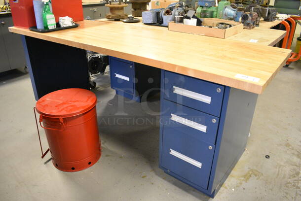 Table w/ Butcher Block Tabletop and Metal Right Side 3 Drawer Filing Cabinet. 96x30x36. (Midtown 2: Room 130)